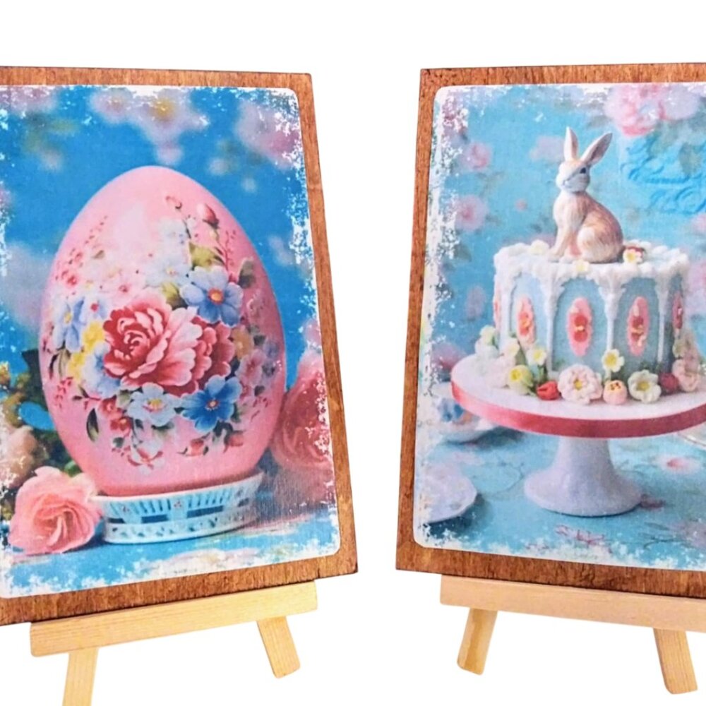2 Pc Set 4X6 Handmade Vintage Inspired Shabby Chic Wood Easter Signs With Stands